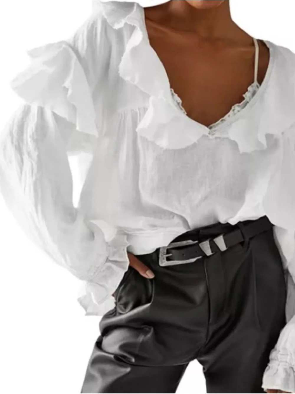SMALL NWOT FREE PEOPLE RUFFLE LINEN TOP - Picture 3 of 4